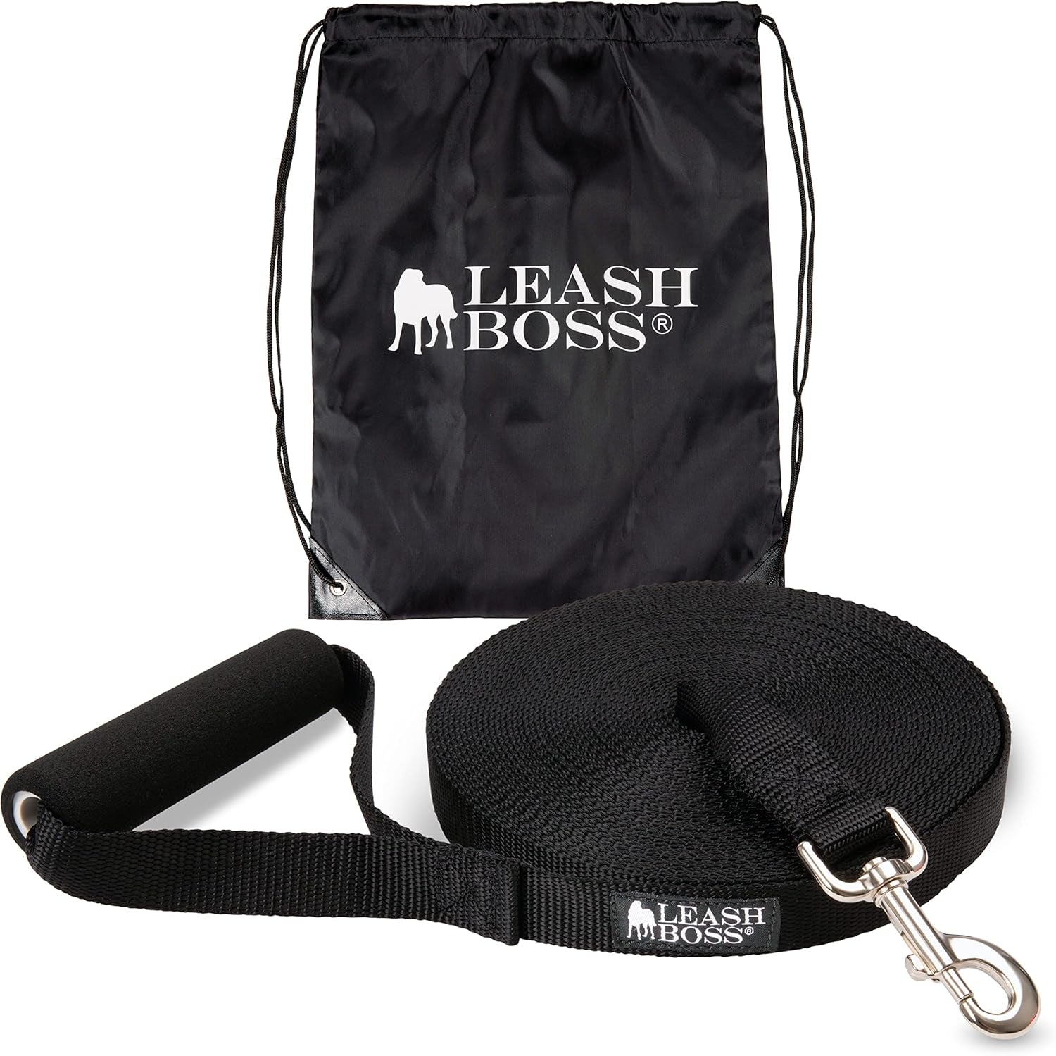 Free Range Long Dog Leash for Large Dogs with Drawstring Backpack - 1 Inch Nylon Training Lead with Padded Handle (Black, 30 Ft)
