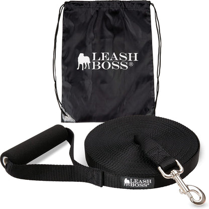Free Range Long Dog Leash for Large Dogs with Drawstring Backpack - 1 Inch Nylon Training Lead with Padded Handle (Black, 30 Ft)