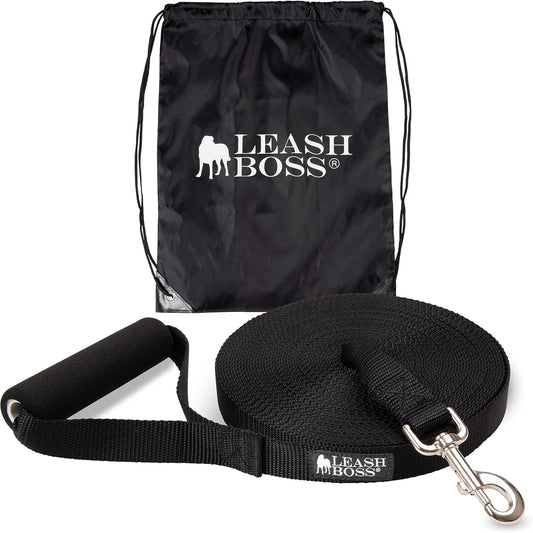 Free Range Long Dog Leash for Large Dogs with Drawstring Backpack - 1 Inch Nylon Training Lead with Padded Handle (Black, 30 Ft)