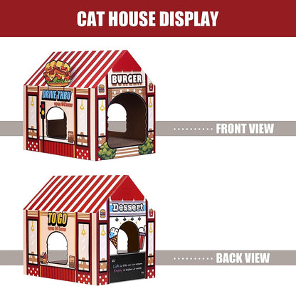 Cardboard Cat House with Scratching Pad and Catnip - 16.5'' x 12'' x 15'' Burger Shop Design for Indoor/Outdoor Use, Ideal Playhouse and Home Decor for Cats, Small Animals, and Bunnies