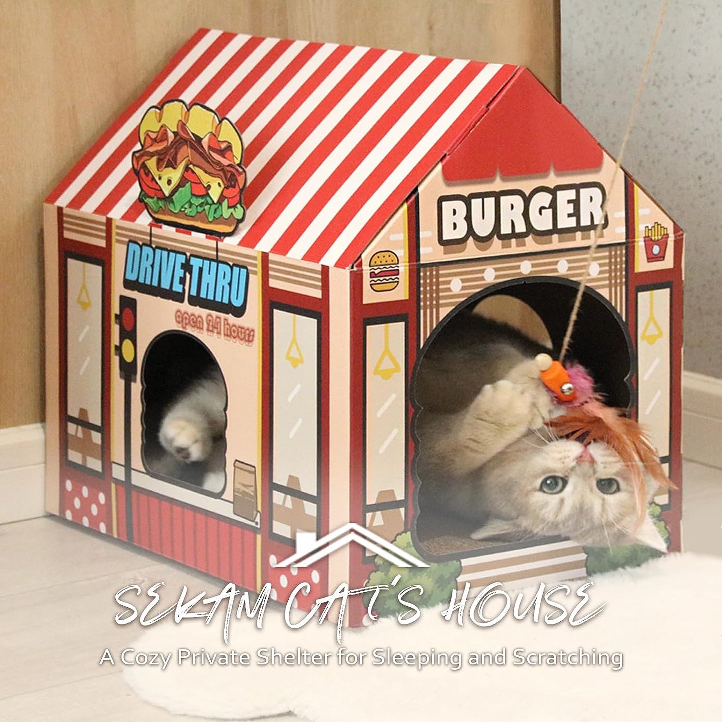 Cardboard Cat House with Scratching Pad and Catnip - 16.5'' x 12'' x 15'' Burger Shop Design for Indoor/Outdoor Use, Ideal Playhouse and Home Decor for Cats, Small Animals, and Bunnies