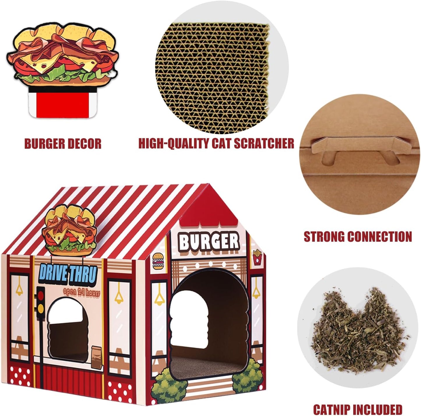 Cardboard Cat House with Scratching Pad and Catnip - 16.5'' x 12'' x 15'' Burger Shop Design for Indoor/Outdoor Use, Ideal Playhouse and Home Decor for Cats, Small Animals, and Bunnies