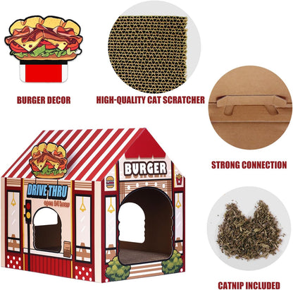 Cardboard Cat House with Scratching Pad and Catnip - 16.5'' x 12'' x 15'' Burger Shop Design for Indoor/Outdoor Use, Ideal Playhouse and Home Decor for Cats, Small Animals, and Bunnies