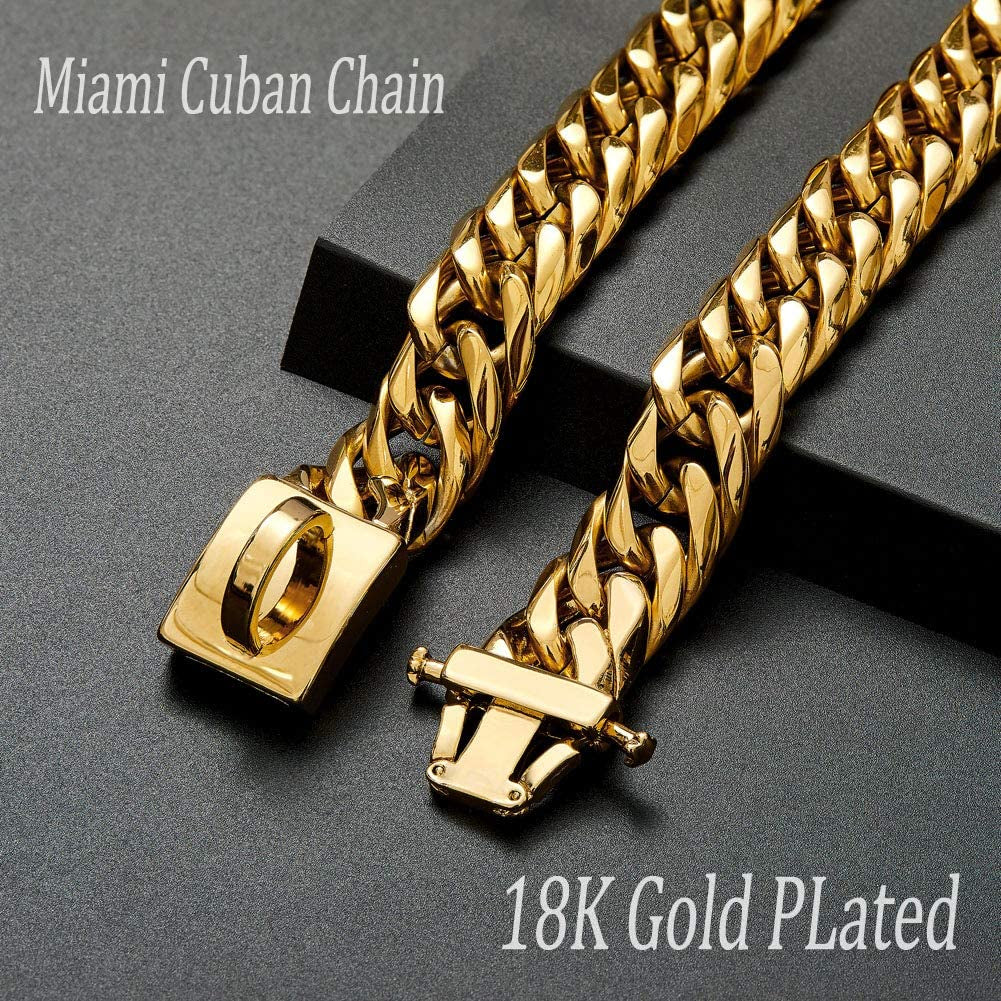 Heavy-Duty 18K Gold Cuban Link Dog Collar for Large, Medium, and Small Breeds, 16mm Wide, Adjustable 16"-26", Stainless Steel Necklace for Male and Female Bulldogs and Dobermans