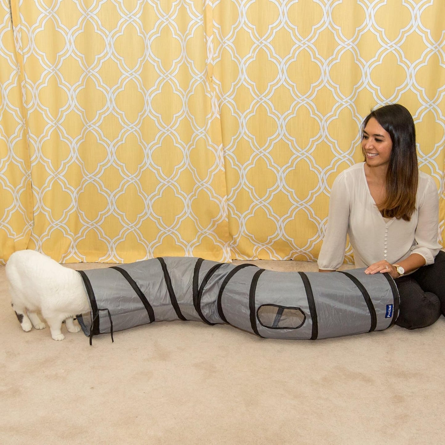 S Way Collapsible Cat Tunnel with Ball - Grey Pet Hideaway Play Tube