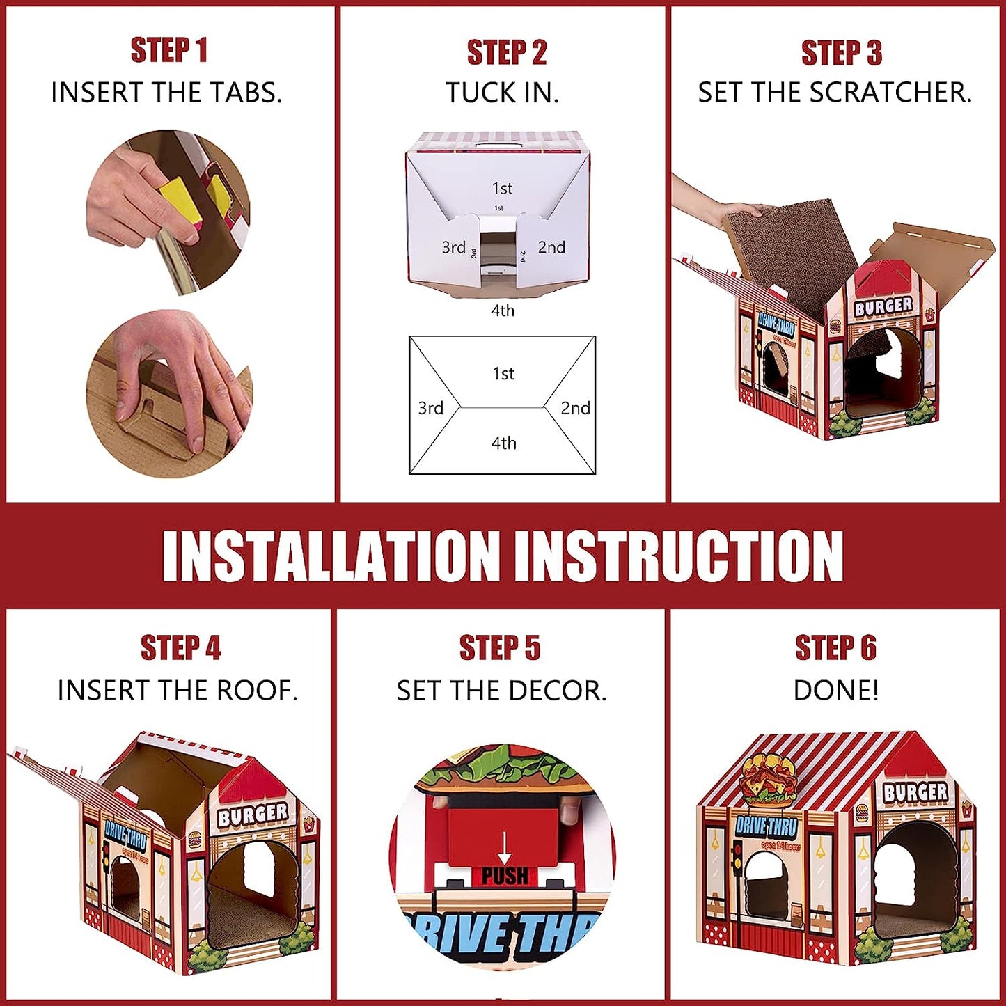 Cardboard Cat House with Scratching Pad and Catnip - 16.5'' x 12'' x 15'' Burger Shop Design for Indoor/Outdoor Use, Ideal Playhouse and Home Decor for Cats, Small Animals, and Bunnies