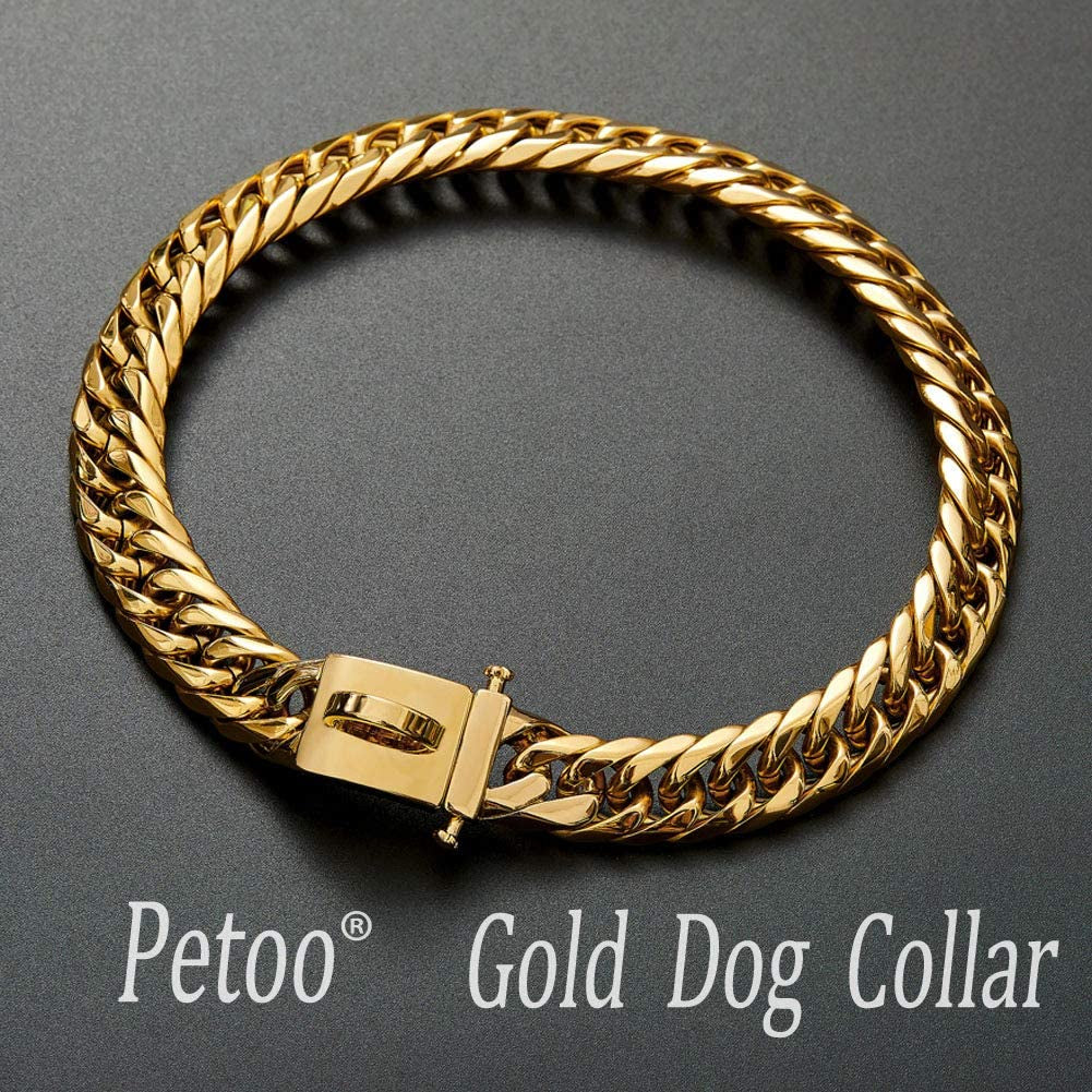 Heavy-Duty 18K Gold Cuban Link Dog Collar for Large, Medium, and Small Breeds, 16mm Wide, Adjustable 16"-26", Stainless Steel Necklace for Male and Female Bulldogs and Dobermans