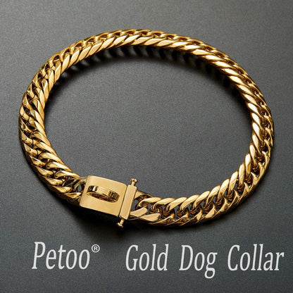 Heavy-Duty 18K Gold Cuban Link Dog Collar for Large, Medium, and Small Breeds, 16mm Wide, Adjustable 16"-26", Stainless Steel Necklace for Male and Female Bulldogs and Dobermans