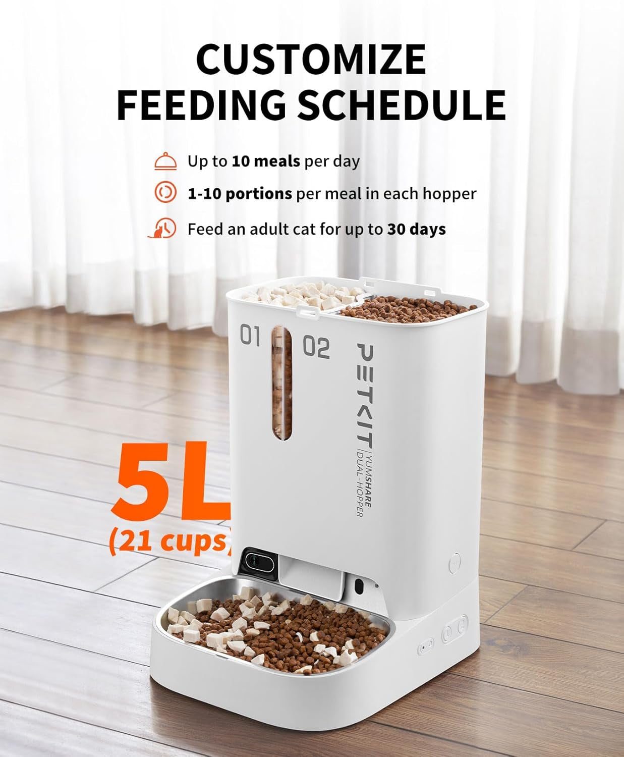 Smart Automatic Pet Feeder with Integrated Camera, AI Motion Detection, 1080P HD Night Vision, 2.4G WiFi Connectivity, Two-Way Audio, and Dual Hopper Design with Desiccant