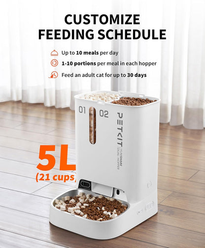 Smart Automatic Pet Feeder with Integrated Camera, AI Motion Detection, 1080P HD Night Vision, 2.4G WiFi Connectivity, Two-Way Audio, and Dual Hopper Design with Desiccant
