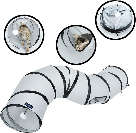 S Way Collapsible Cat Tunnel with Ball - Grey Pet Hideaway Play Tube