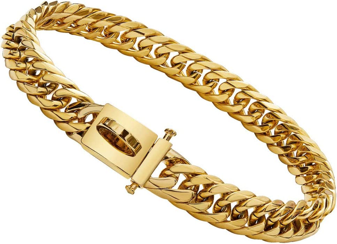 Heavy-Duty 18K Gold Cuban Link Dog Collar for Large, Medium, and Small Breeds, 16mm Wide, Adjustable 16"-26", Stainless Steel Necklace for Male and Female Bulldogs and Dobermans