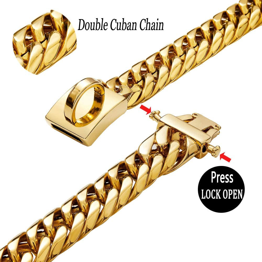 Heavy-Duty 18K Gold Cuban Link Dog Collar for Large, Medium, and Small Breeds, 16mm Wide, Adjustable 16"-26", Stainless Steel Necklace for Male and Female Bulldogs and Dobermans