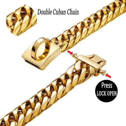 Heavy-Duty 18K Gold Cuban Link Dog Collar for Large, Medium, and Small Breeds, 16mm Wide, Adjustable 16"-26", Stainless Steel Necklace for Male and Female Bulldogs and Dobermans
