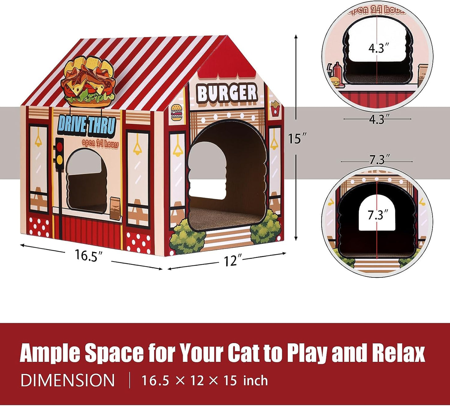 Cardboard Cat House with Scratching Pad and Catnip - 16.5'' x 12'' x 15'' Burger Shop Design for Indoor/Outdoor Use, Ideal Playhouse and Home Decor for Cats, Small Animals, and Bunnies