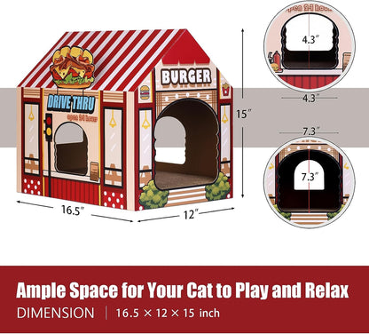 Cardboard Cat House with Scratching Pad and Catnip - 16.5'' x 12'' x 15'' Burger Shop Design for Indoor/Outdoor Use, Ideal Playhouse and Home Decor for Cats, Small Animals, and Bunnies