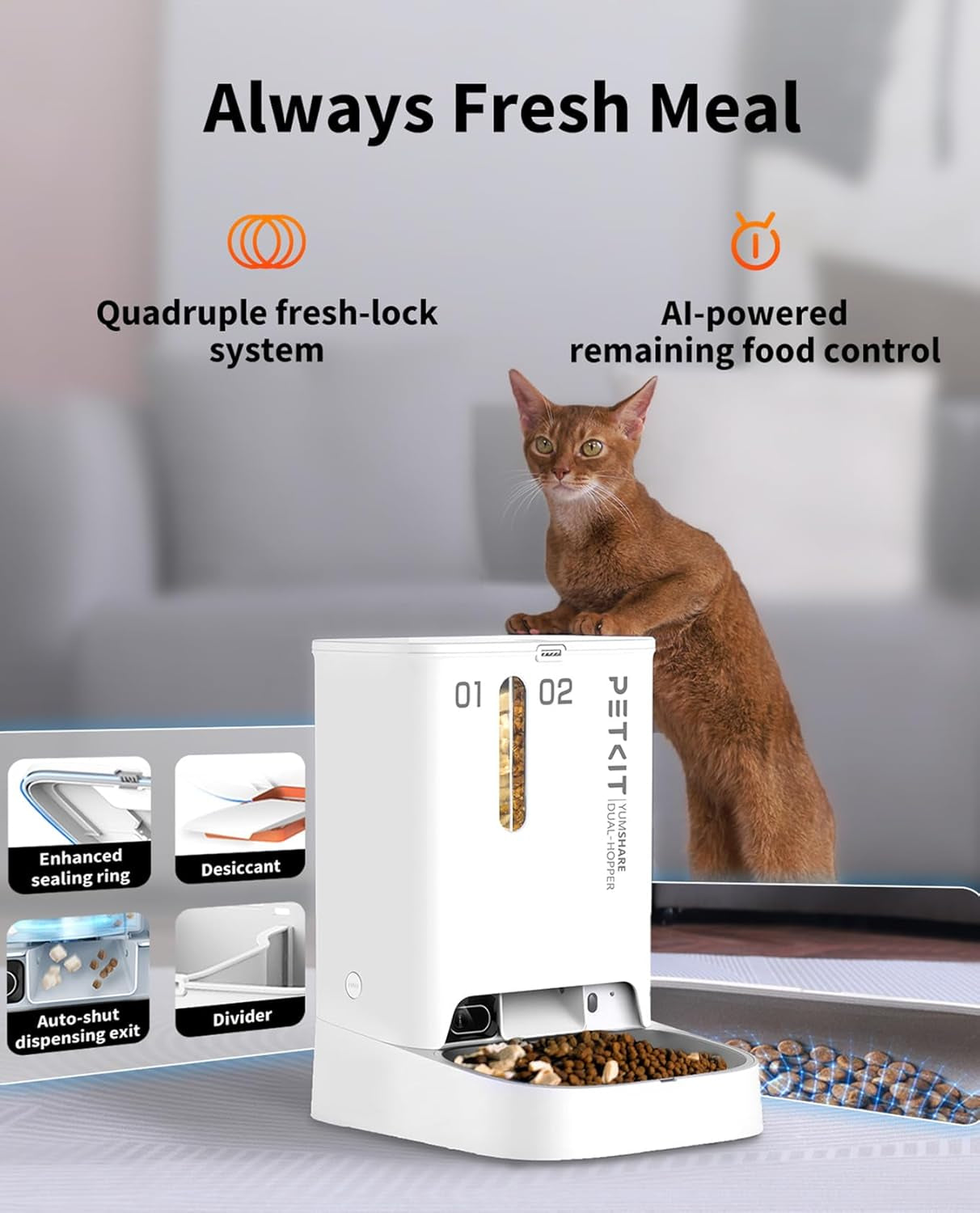 Smart Automatic Pet Feeder with Integrated Camera, AI Motion Detection, 1080P HD Night Vision, 2.4G WiFi Connectivity, Two-Way Audio, and Dual Hopper Design with Desiccant