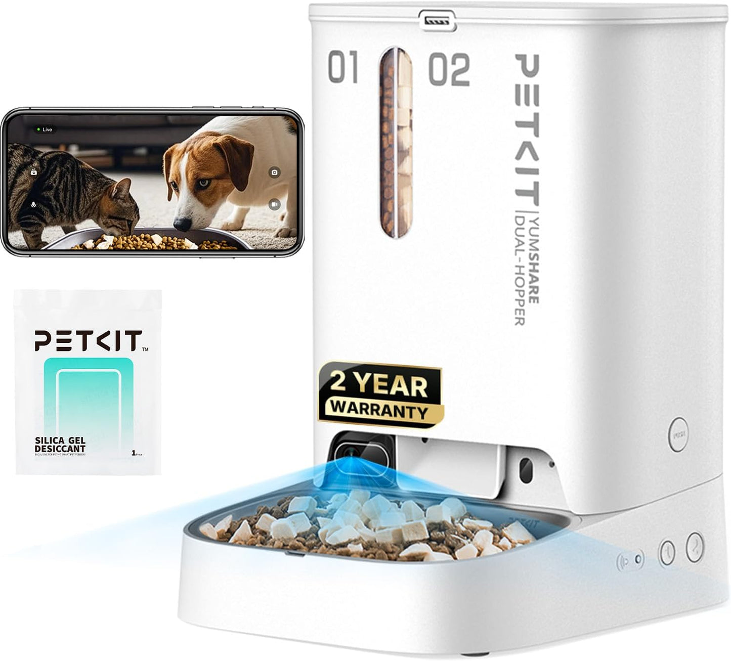 Smart Automatic Pet Feeder with Integrated Camera, AI Motion Detection, 1080P HD Night Vision, 2.4G WiFi Connectivity, Two-Way Audio, and Dual Hopper Design with Desiccant