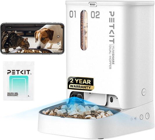 Smart Automatic Pet Feeder with Integrated Camera, AI Motion Detection, 1080P HD Night Vision, 2.4G WiFi Connectivity, Two-Way Audio, and Dual Hopper Design with Desiccant