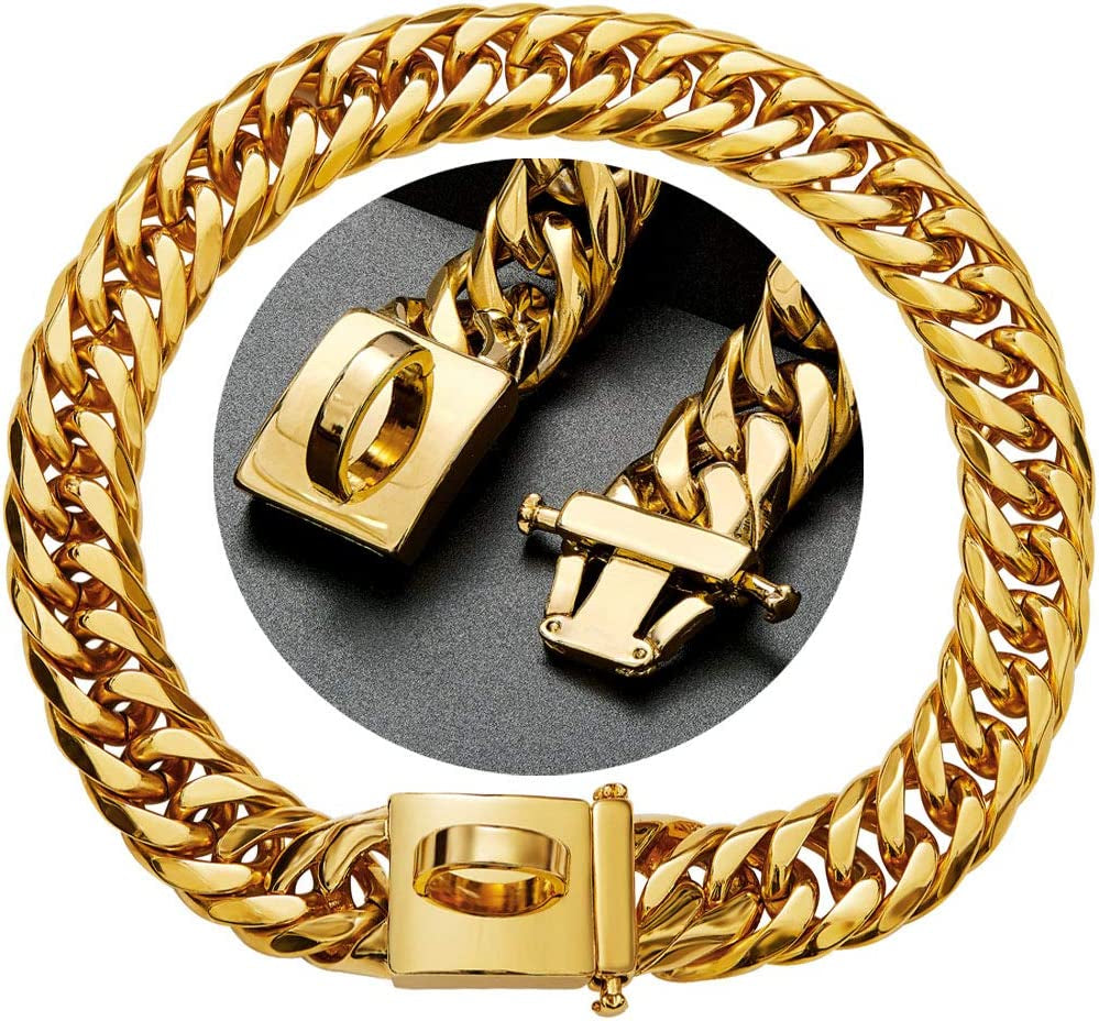 Heavy-Duty 18K Gold Cuban Link Dog Collar for Large, Medium, and Small Breeds, 16mm Wide, Adjustable 16"-26", Stainless Steel Necklace for Male and Female Bulldogs and Dobermans