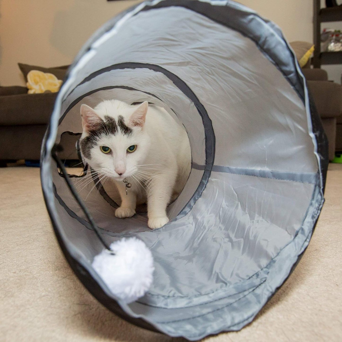 S Way Collapsible Cat Tunnel with Ball - Grey Pet Hideaway Play Tube