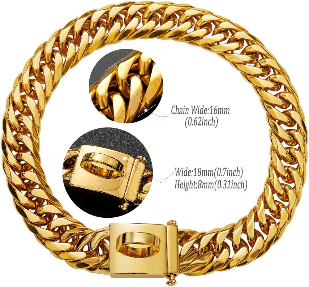 Heavy-Duty 18K Gold Cuban Link Dog Collar for Large, Medium, and Small Breeds, 16mm Wide, Adjustable 16"-26", Stainless Steel Necklace for Male and Female Bulldogs and Dobermans