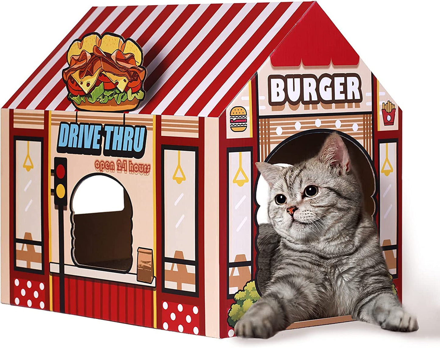 Cardboard Cat House with Scratching Pad and Catnip - 16.5'' x 12'' x 15'' Burger Shop Design for Indoor/Outdoor Use, Ideal Playhouse and Home Decor for Cats, Small Animals, and Bunnies